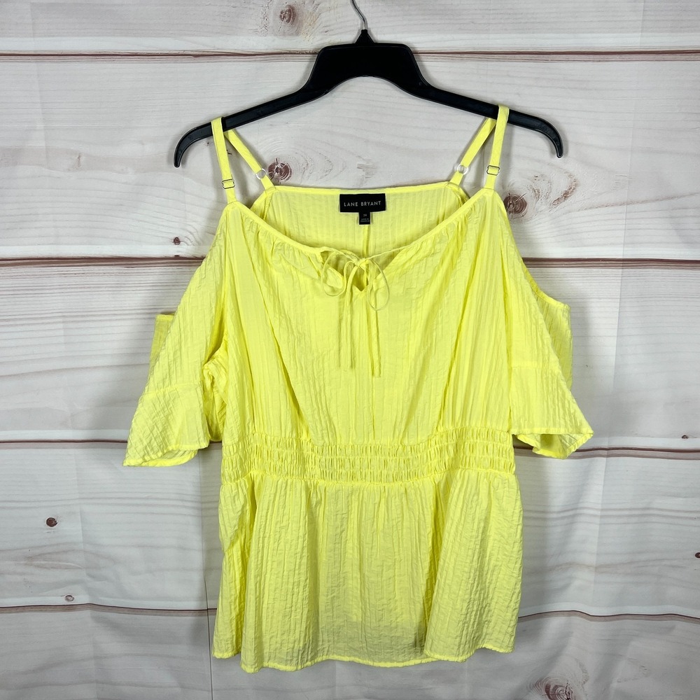 Lane Bryant Top Womens Size 24 Yellow Cold Shoulder Blouse Smocked Waist Crinkle